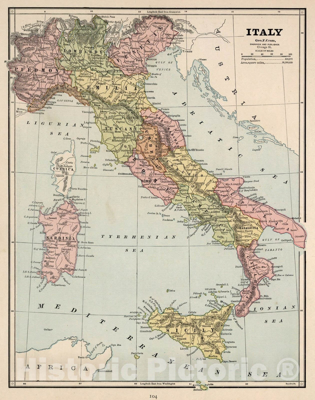 Historic Map : World Atlas Map, Italy. 1882 - Vintage Wall Art