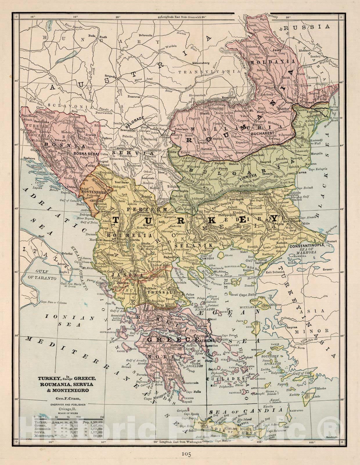 Historic Map : World Atlas Map, Turkey in Europe, Greece, Romania, Sebia and Montenegro. 1882 - Vintage Wall Art