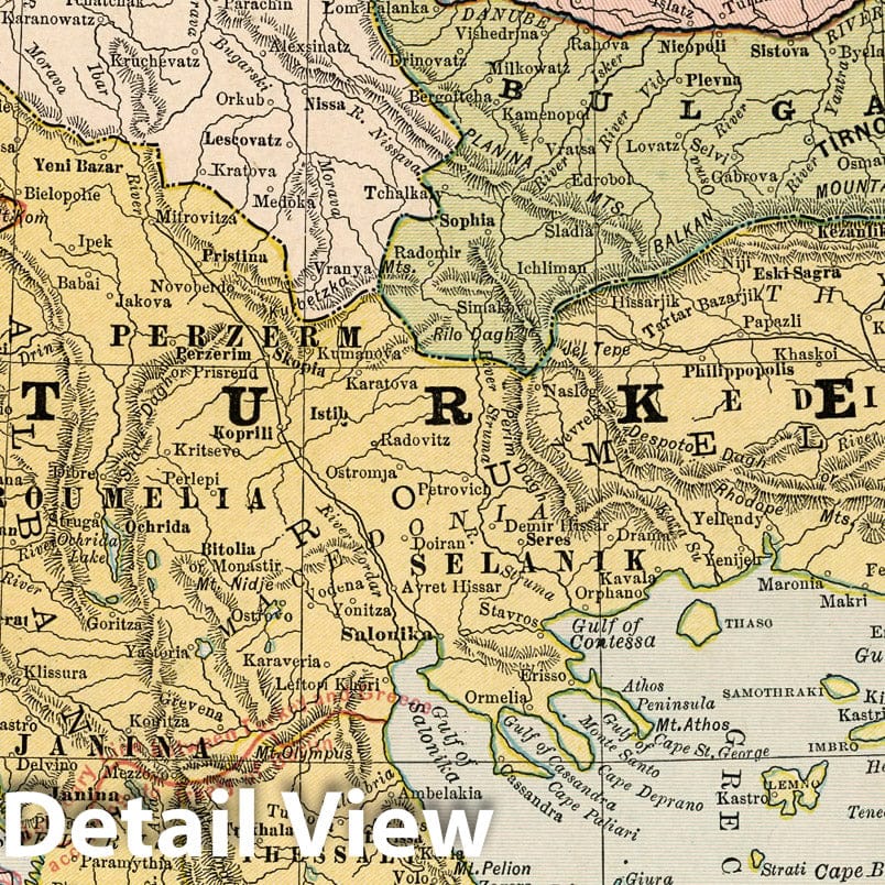 Historic Map : World Atlas Map, Turkey in Europe, Greece, Romania, Sebia and Montenegro. 1882 - Vintage Wall Art