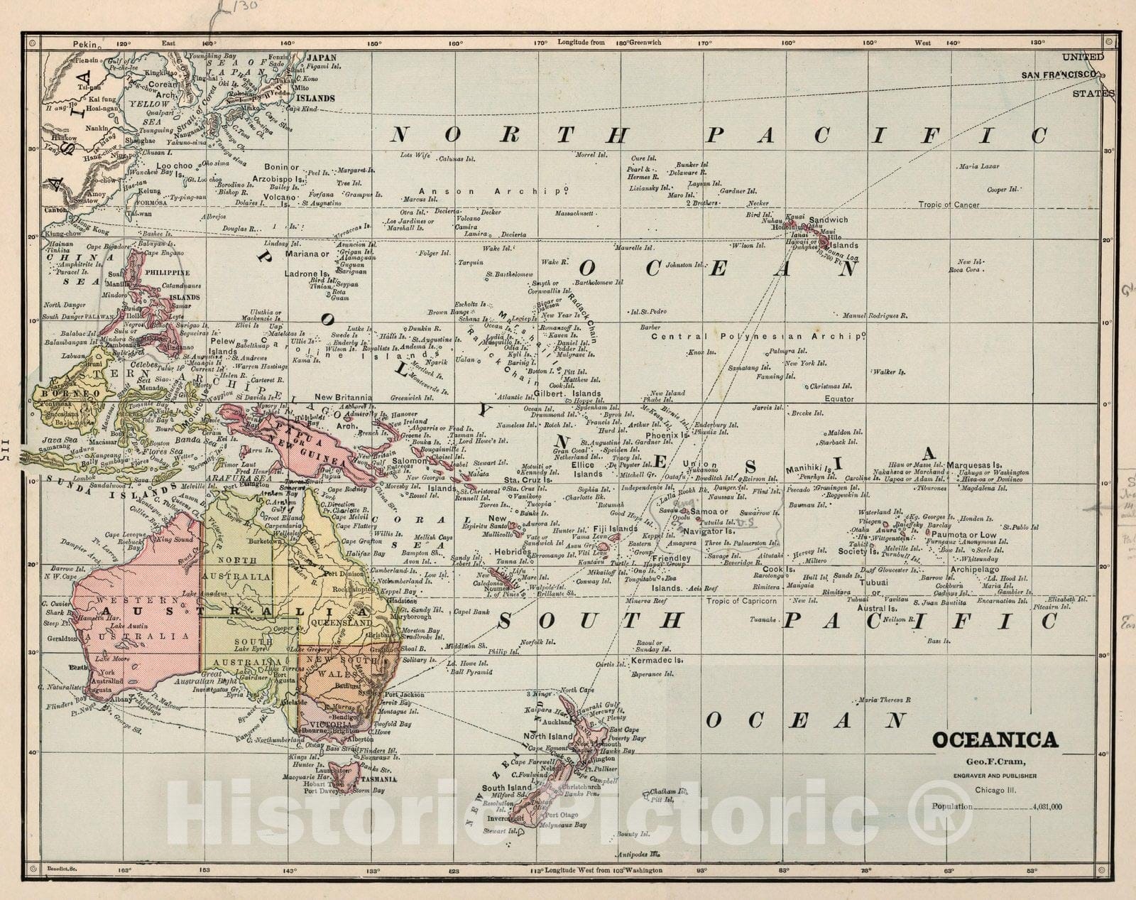 Historic Map : Oceania, PacificOceanica. 1882 , Vintage Wall Art