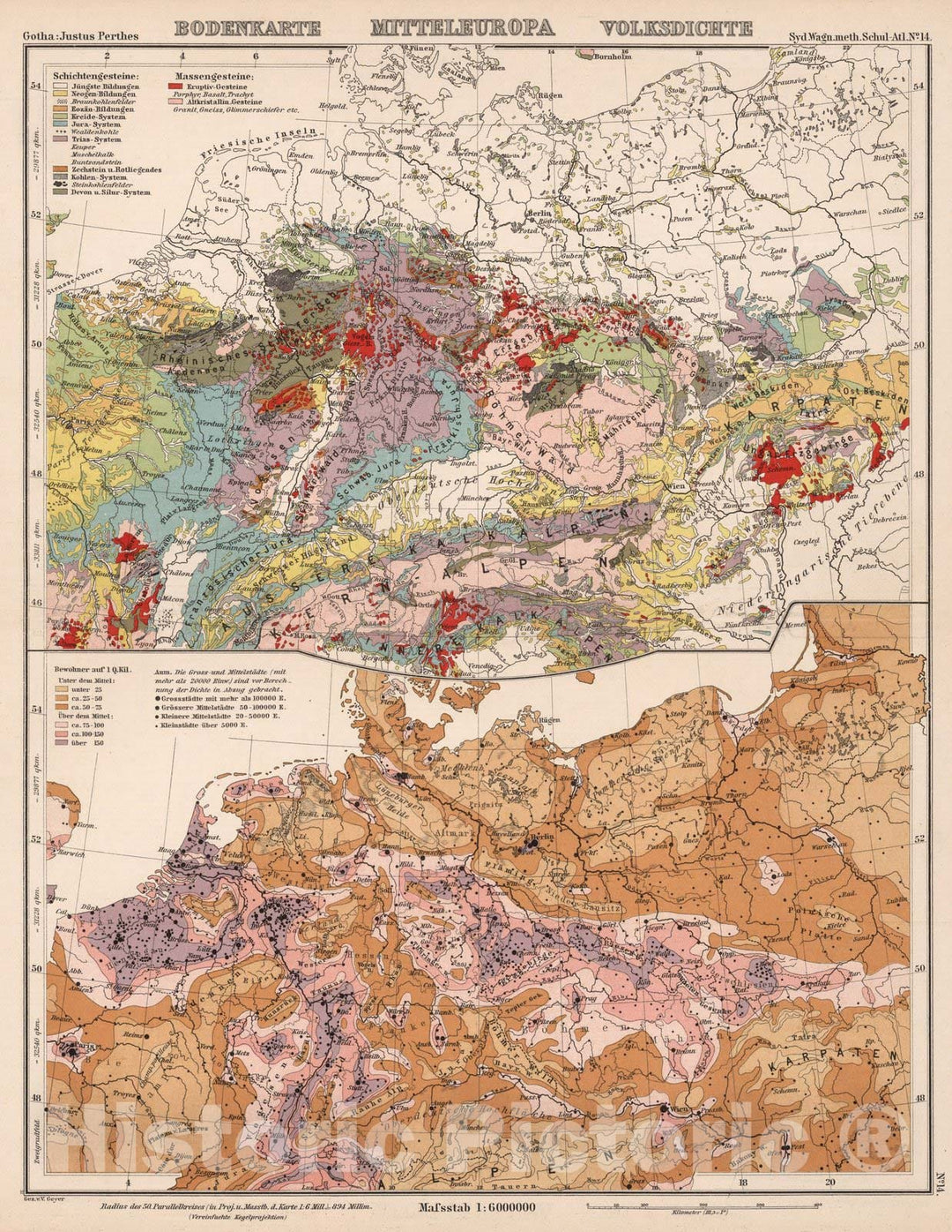 Historic Map : School Atlas Map, No. 14. Bodenkarte. Mitteleurope. Volksdichte. 1902 - Vintage Wall Art