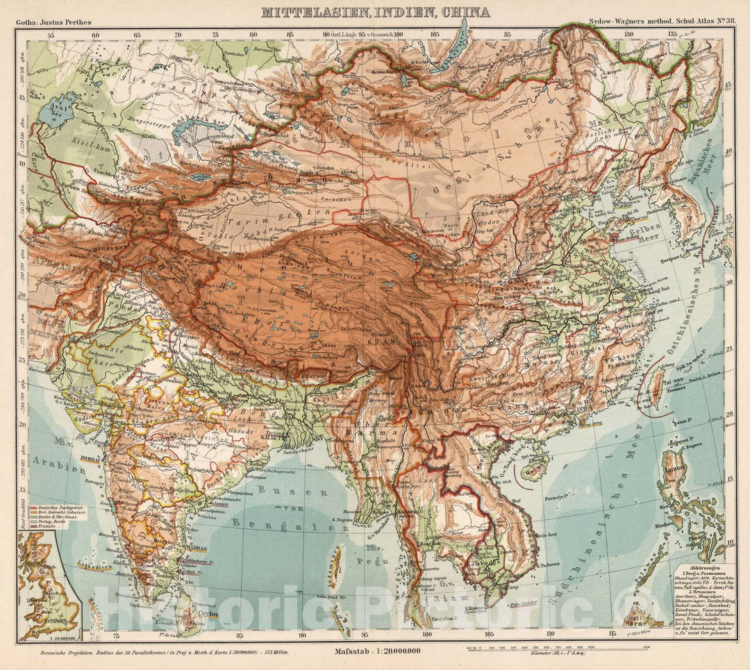 Historic Map : School Atlas Map, No. 38. Mittelasien, Indien, China. 1902 - Vintage Wall Art