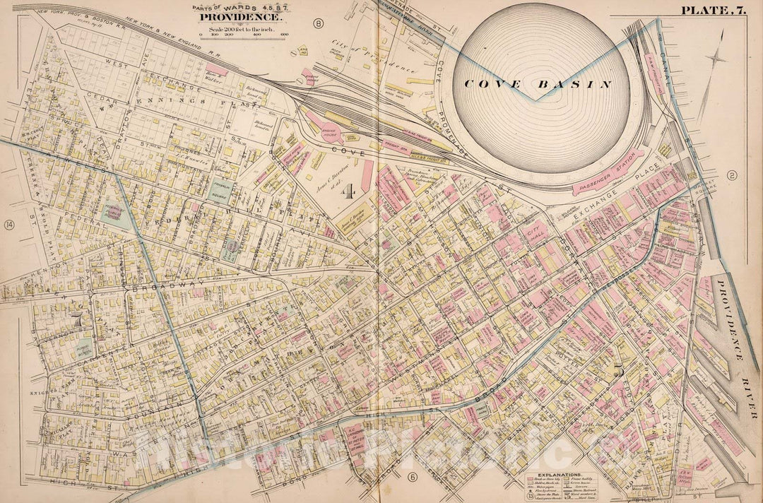 Historic Map : Providence (R.I.), City Atlas Map, Plate 7. Parts of Wards 4, 5 & 7, Providence. 1882 - Vintage Wall Art