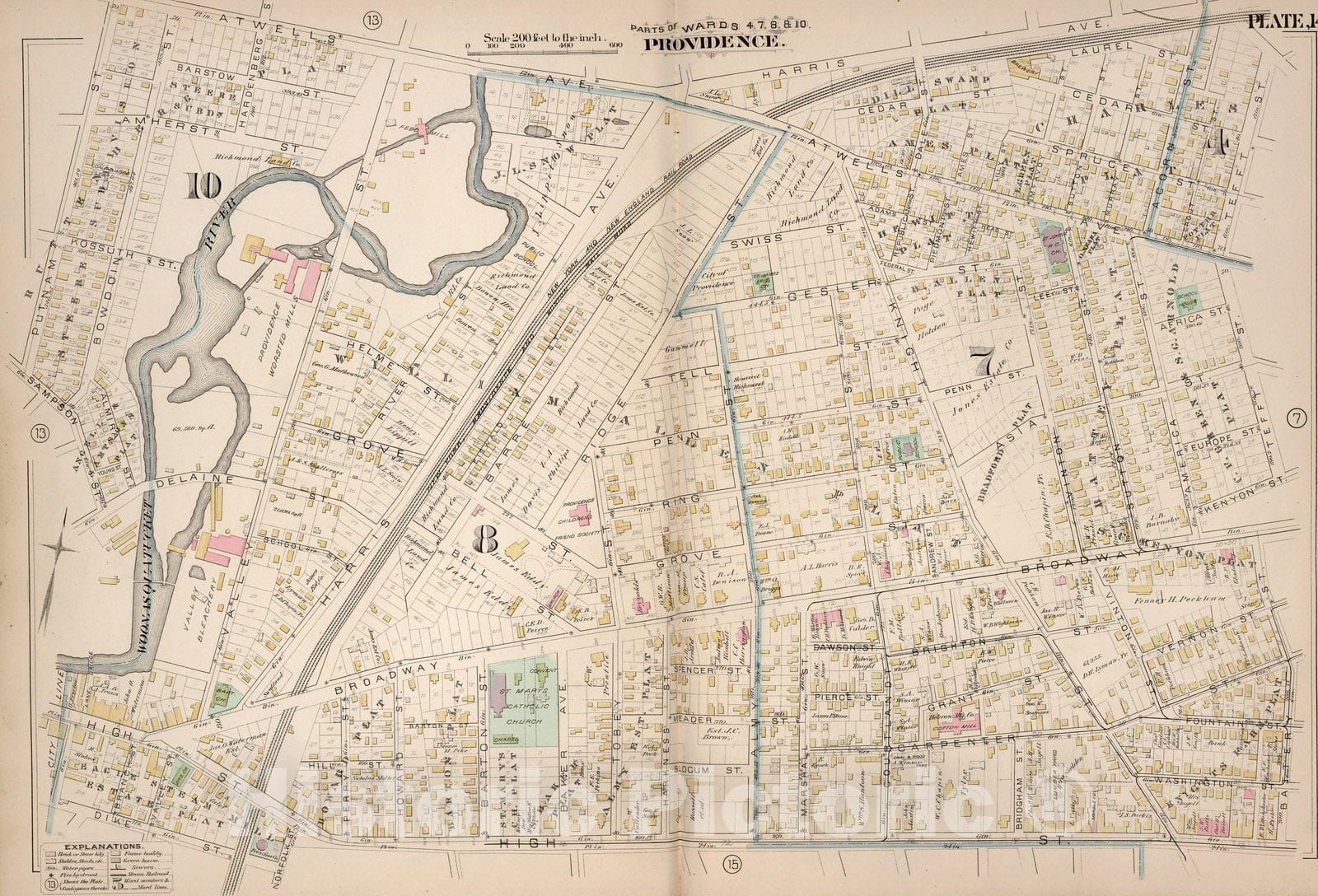 Historic Map : Providence (R.I.), City Atlas Map, Plate 14. Parts of Wards 4, 7, 8, 10, Providence. 1882 - Vintage Wall Art