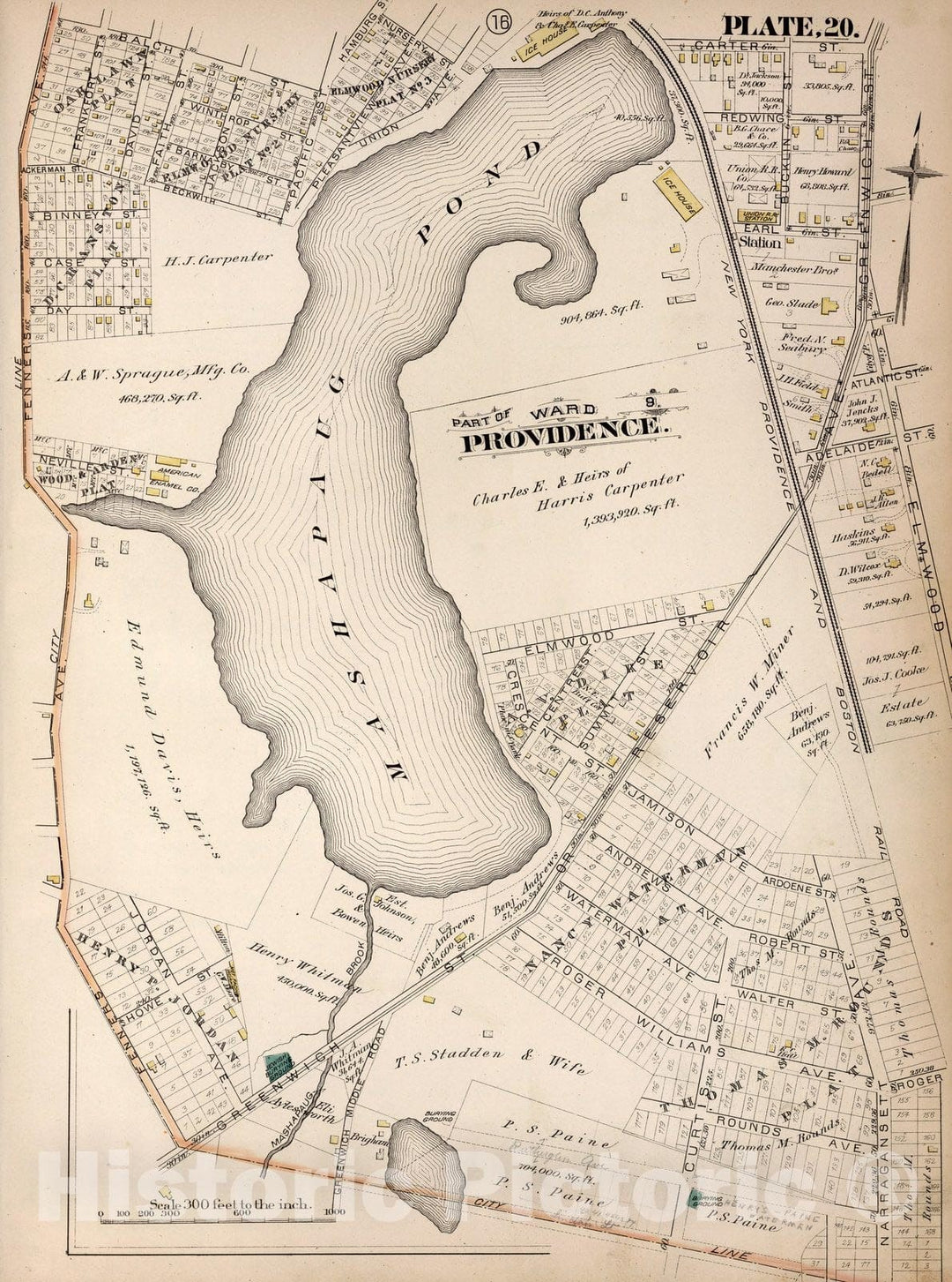 Historic Map : Providence (R.I.), City Atlas Map, Plate 20. Part of Ward 9, Providence. 1882 - Vintage Wall Art