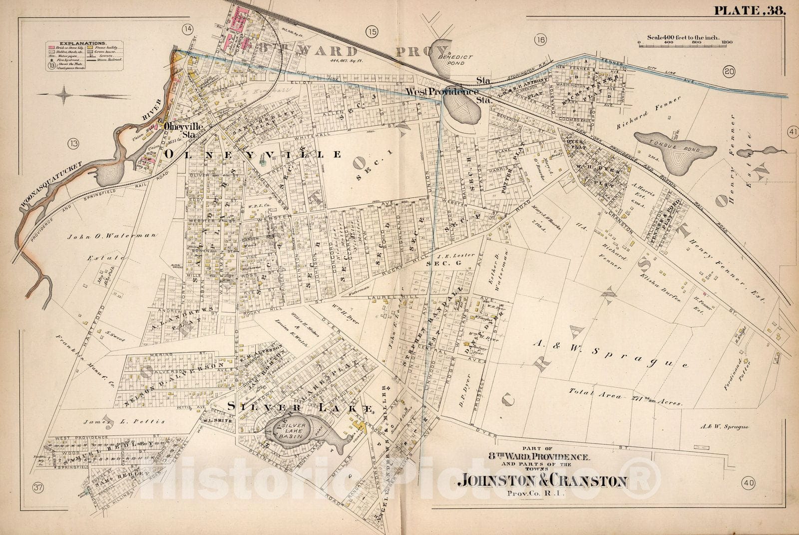 Historic Map : Providence (R.I.), City Atlas Map, Plate 38. Part of 8th Ward, Providence and Parts of the Towns Johnston & Cranston 1882 - Vintage Wall Art