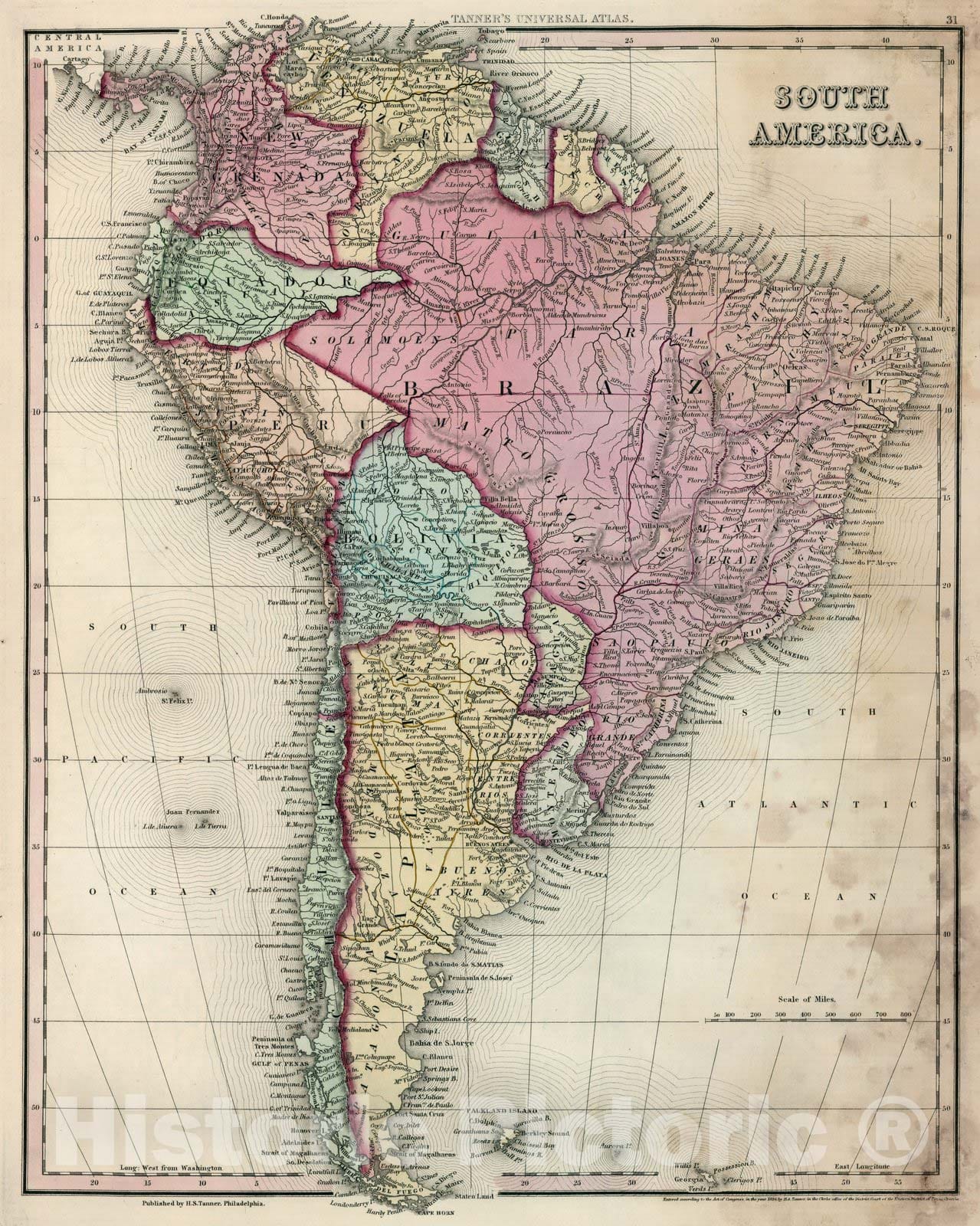 Historic Map : World Atlas Map, South America. 1836 - Vintage Wall Art