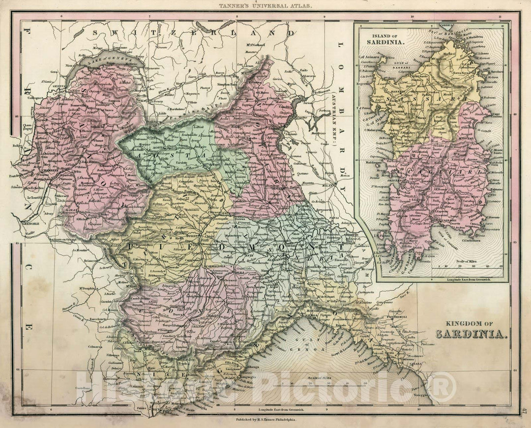 Historic Map : World Atlas Map, Kingdom of Sardinia. 1836 - Vintage Wall Art