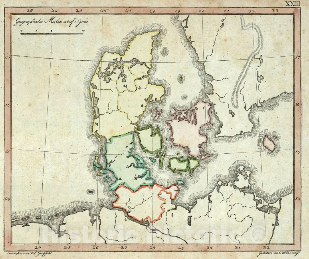 Historic Map : School Atlas Map, Denmark. 1801 - Vintage Wall Art