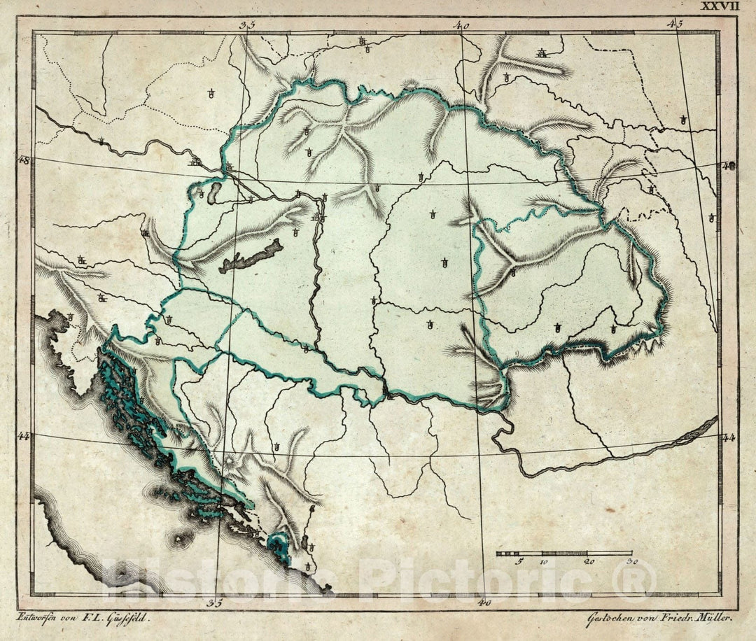 Historic Map : School Atlas Map, Hungary. 1801 - Vintage Wall Art