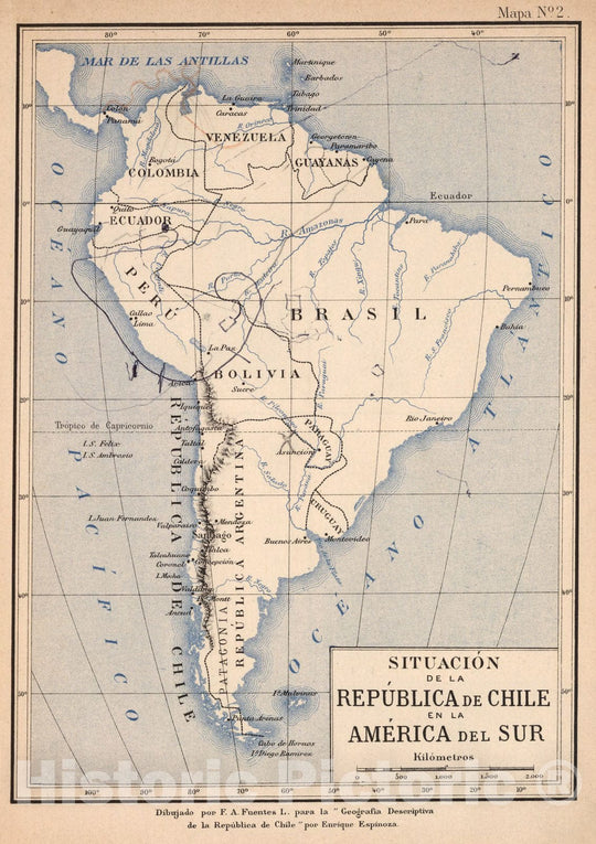 Historic Map : Chile, Mapa No. 2. Situacion de la Republica de Chile en la America del Sur, 1903 , Vintage Wall Art