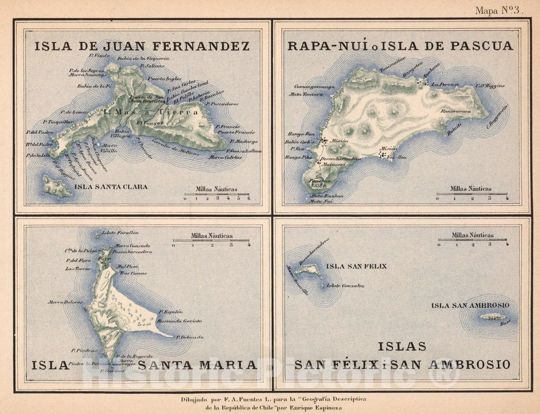 Historic Map : Chile, Mapa No. 3. Isla de Juan Fernandez. Isla de Pascua. Isla Santa Maria. Islas San Felix i San Ambrosio, 1903 , Vintage Wall Art