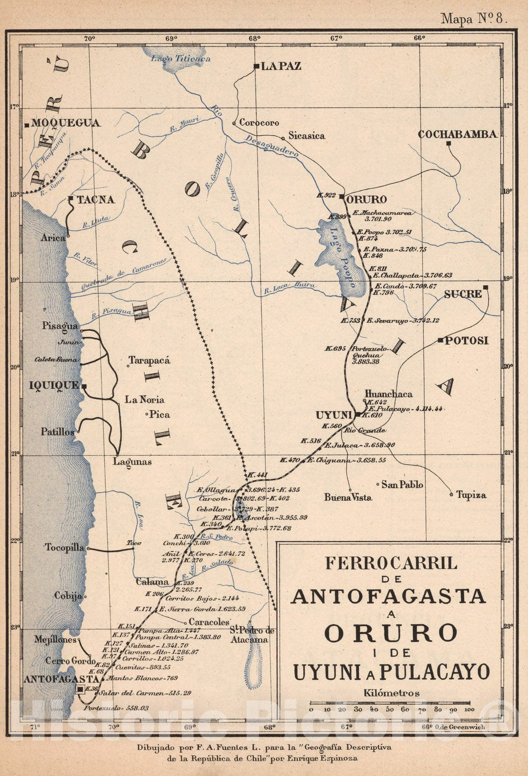 Historic Map : Chile, Mapa No. 8. Ferrocarril de Antofagasta a Oruro i de Uyuni a Pulacayo, 1903 , Vintage Wall Art