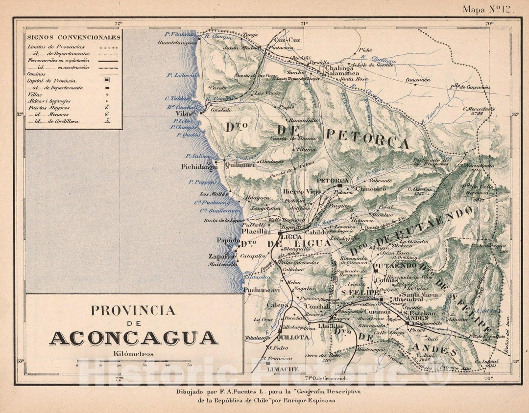 Historic Map : Chile, Mapa No. 12. Provincia de Aconcague, 1903 , Vintage Wall Art