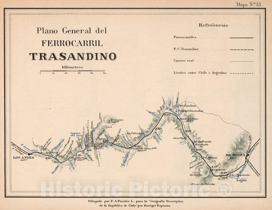 Historic Map : Chile, Mapa No. 13. Plano General del Ferrocarril Trasandino, 1903 , Vintage Wall Art