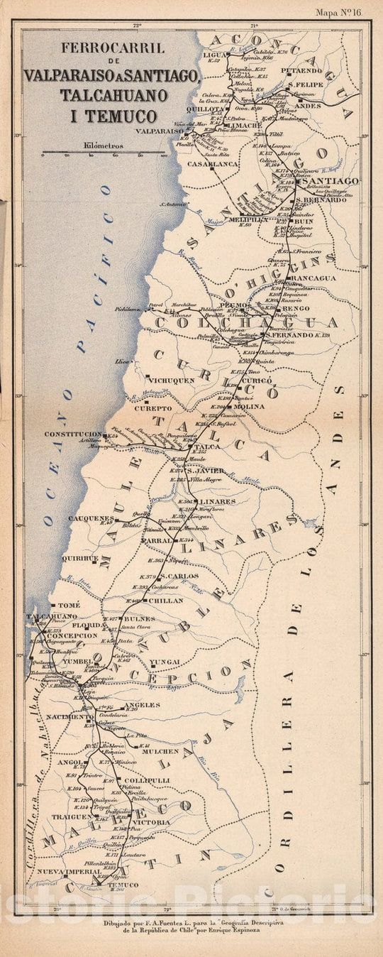 Historic Map : Chile, Mapa No. 16. Ferrocarril de Valparaiso a Santiago, Talcahuano i Termuco, 1903 , Vintage Wall Art