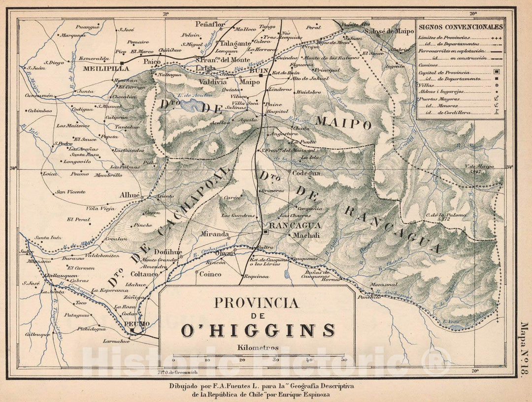 Historic Map : Chile, Mapa No. 18. Provincia de O'Higgins, 1903 , Vintage Wall Art