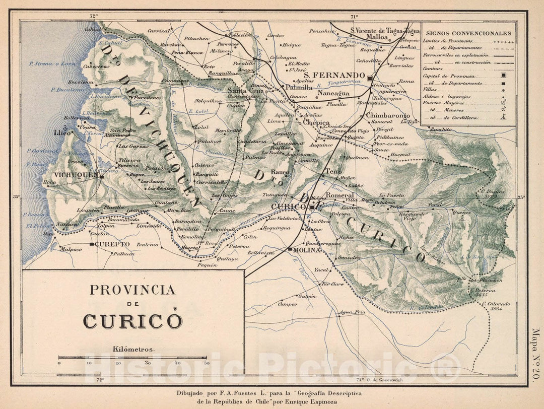 Historic Map : Chile, Mapa No. 20. Provincia de Curico, 1903 , Vintage Wall Art