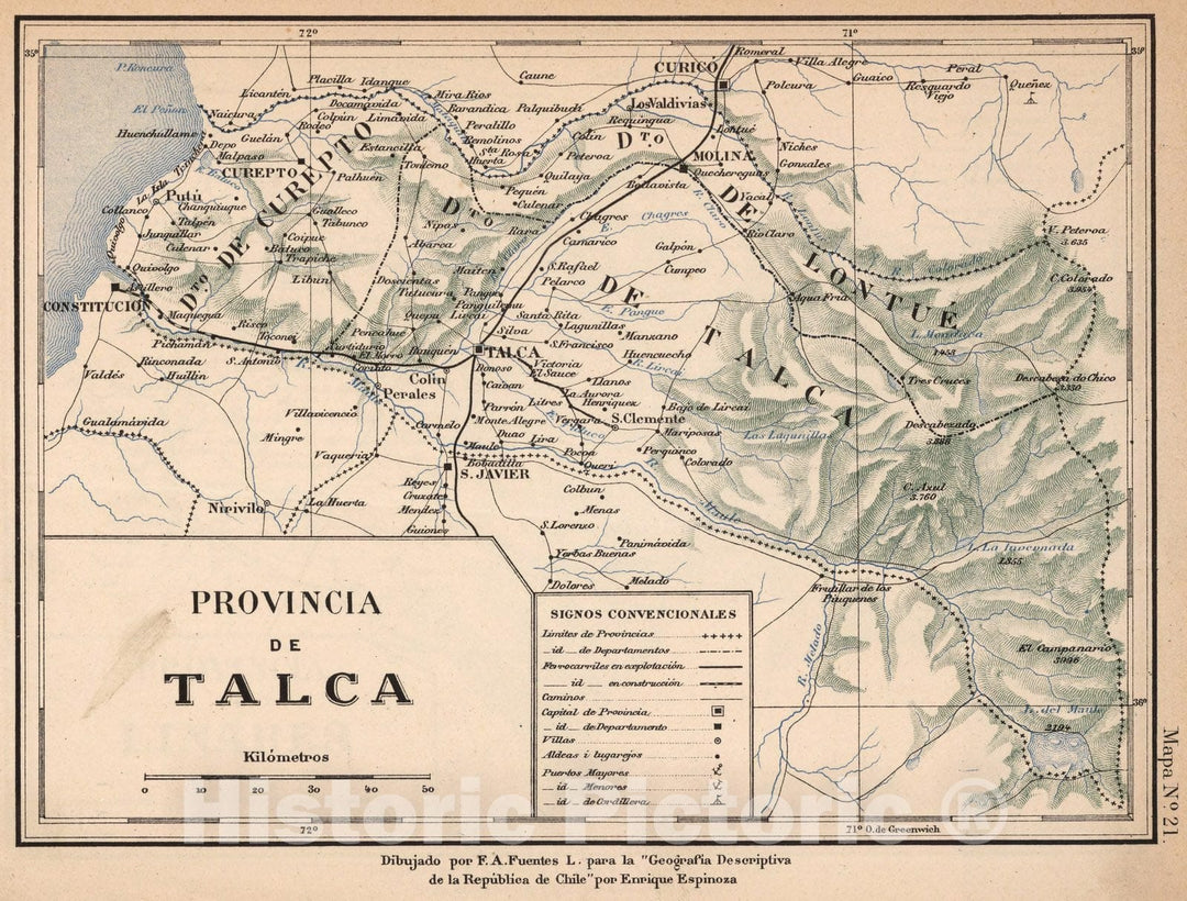 Historic Map : Chile, Mapa No. 21. Provincia de Talca, 1903 , Vintage Wall Art