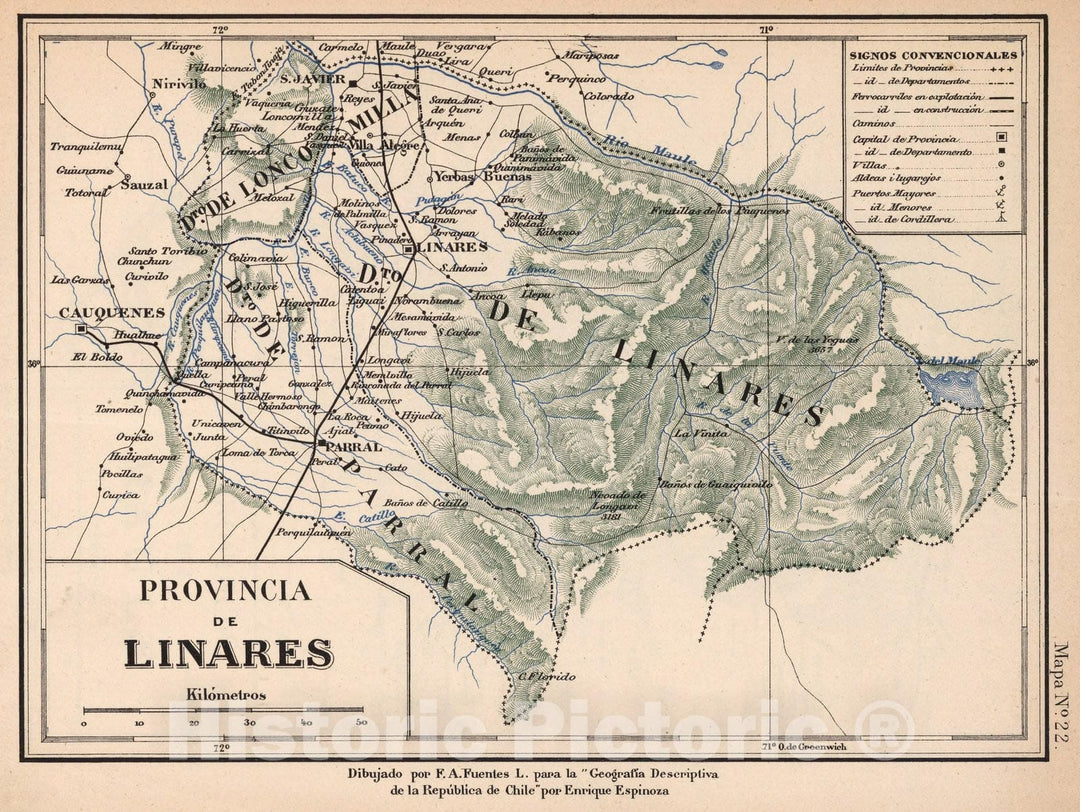 Historic Map : Chile, Mapa No. 22. Provincia de Linares, 1903 , Vintage Wall Art