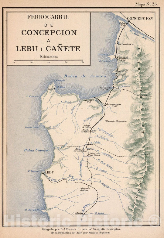 Historic Map : Chile, Mapa No. 26. Ferrocarril de Concepcion a Lebu i Canete, 1903 , Vintage Wall Art