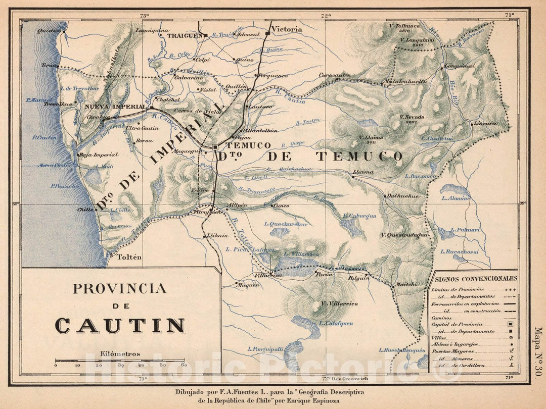 Historic Map : Chile, Mapa No. 30. Provincia de Cautin, 1903 , Vintage Wall Art