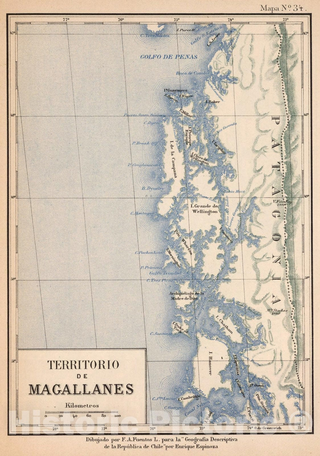 Historic Map : Chile, Mapa No. 34. Territorio de Magallanes, 1903 , Vintage Wall Art