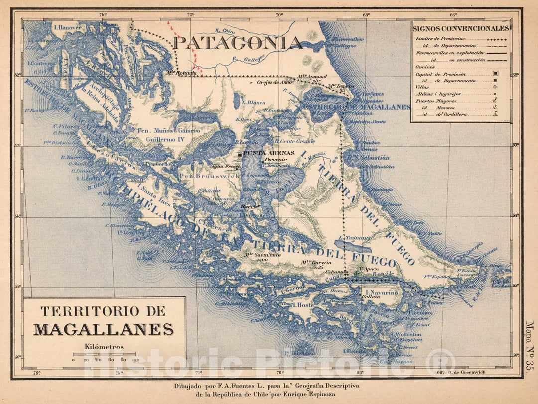 Historic Map : Chile, Mapa No. 35. Territorio de Magallanes, 1903 , Vintage Wall Art