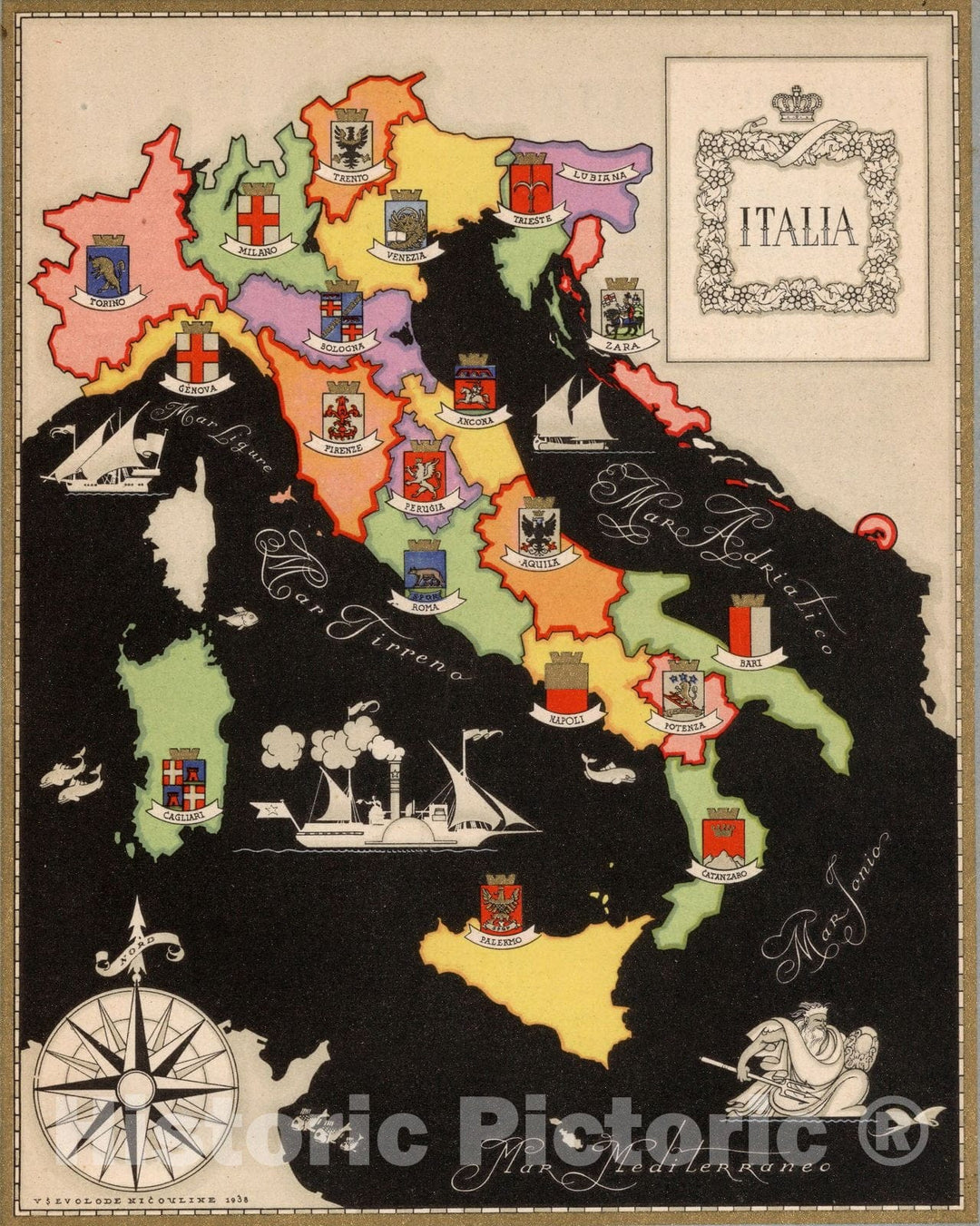 Historic Map : Italy, Guide Book, Italia. 1938 , Vintage Wall Art