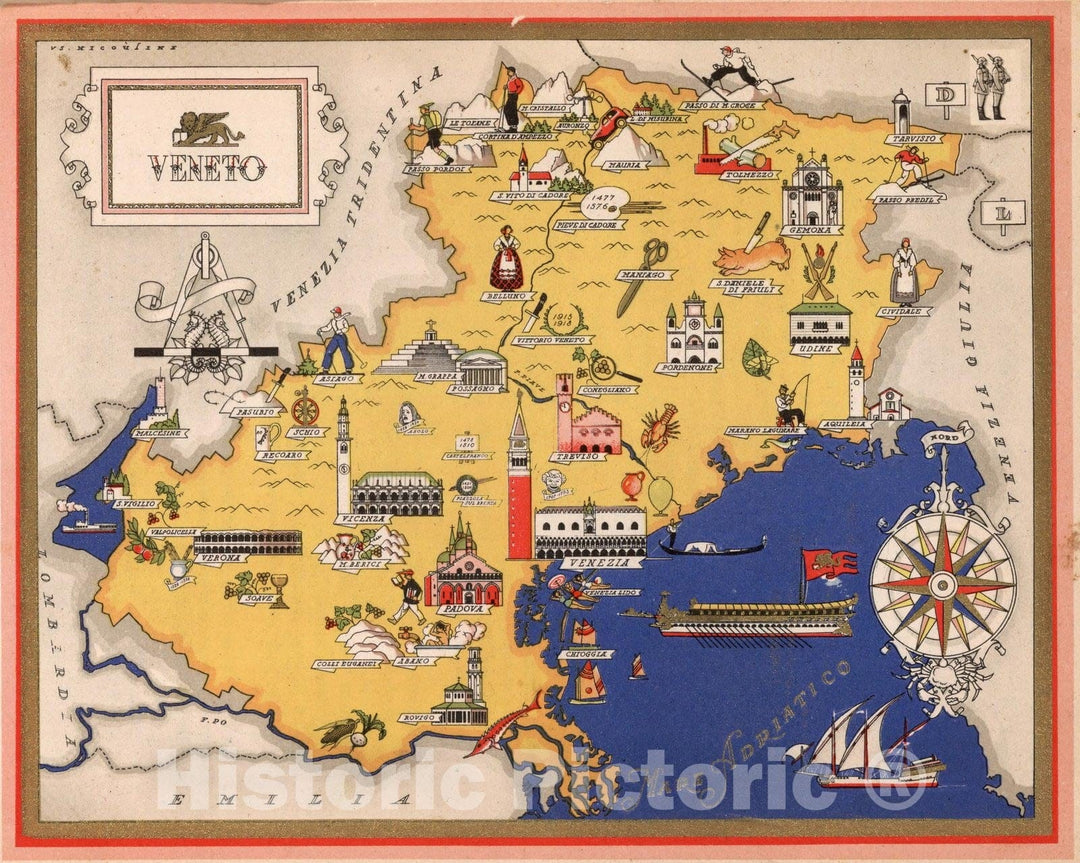 Historic Map : Italy, Guide Book, Veneto. 1938 , Vintage Wall Art