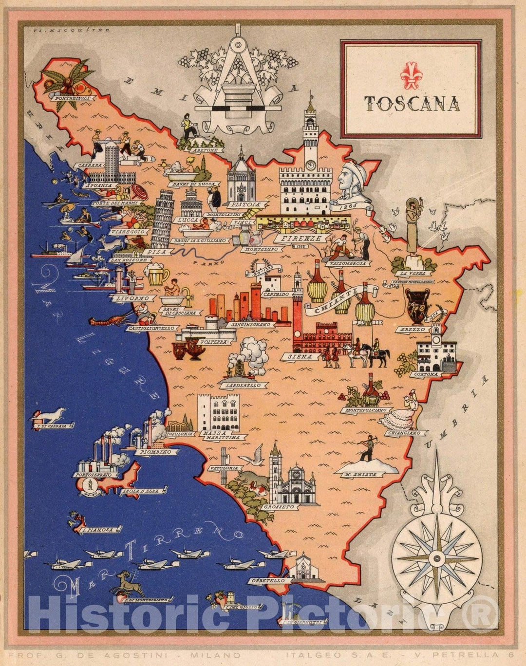 Historic Map : Italy, Guide Book, Toscana. 1938 , Vintage Wall Art