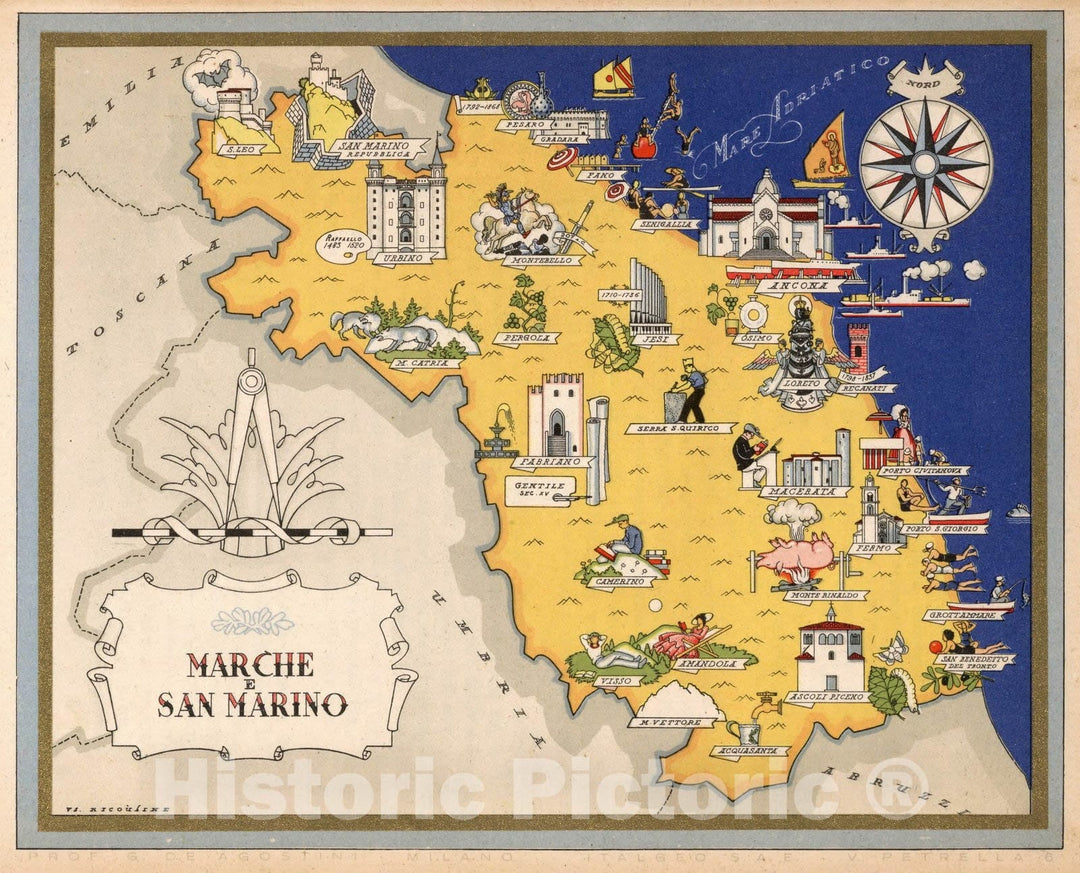 Historic Map : Italy, Guide Book, Marche e San Marino. 1938 , Vintage Wall Art