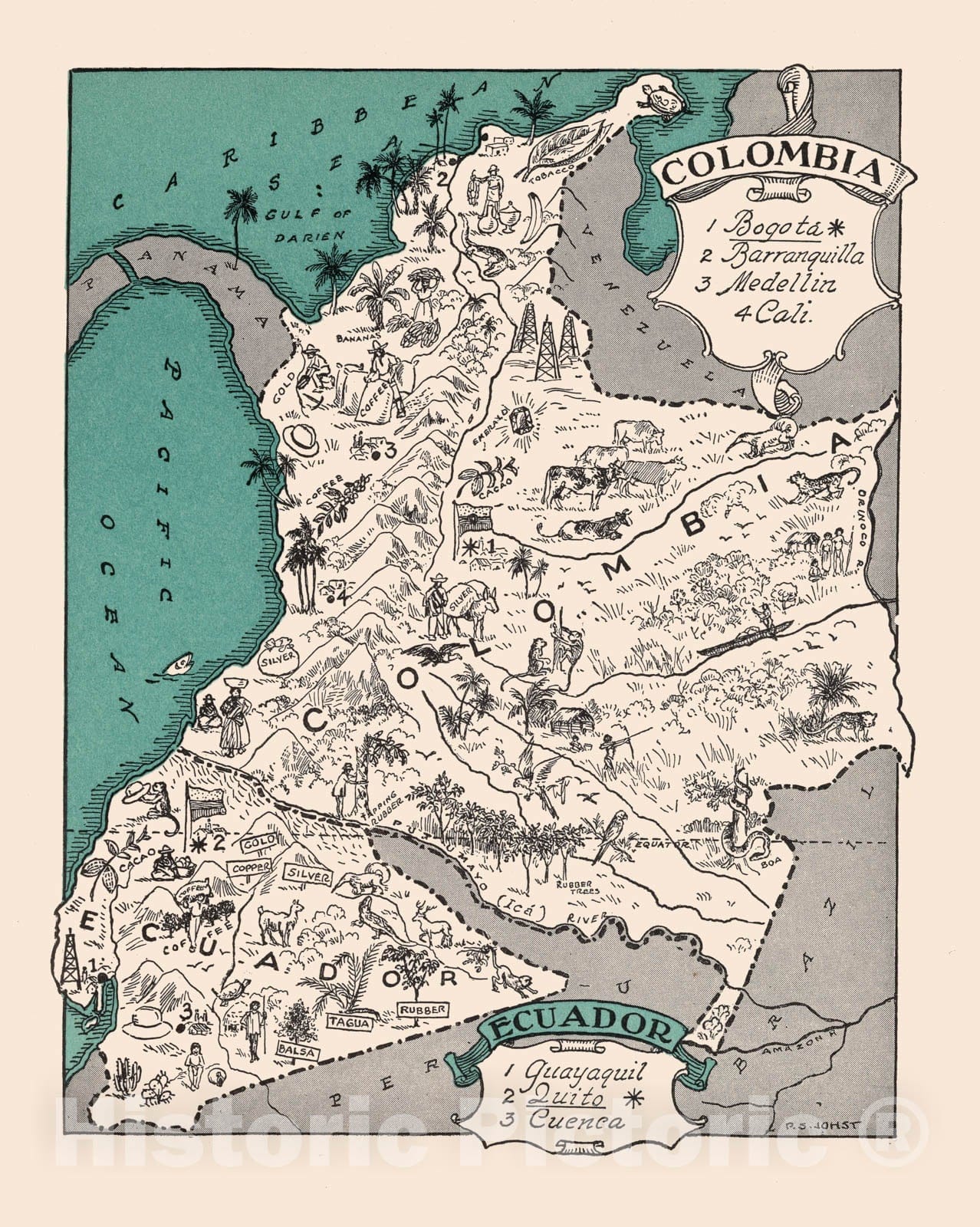 Historic Map - School Atlas Map, Colombia. Ecuador. 1941 - Vintage Wall Art