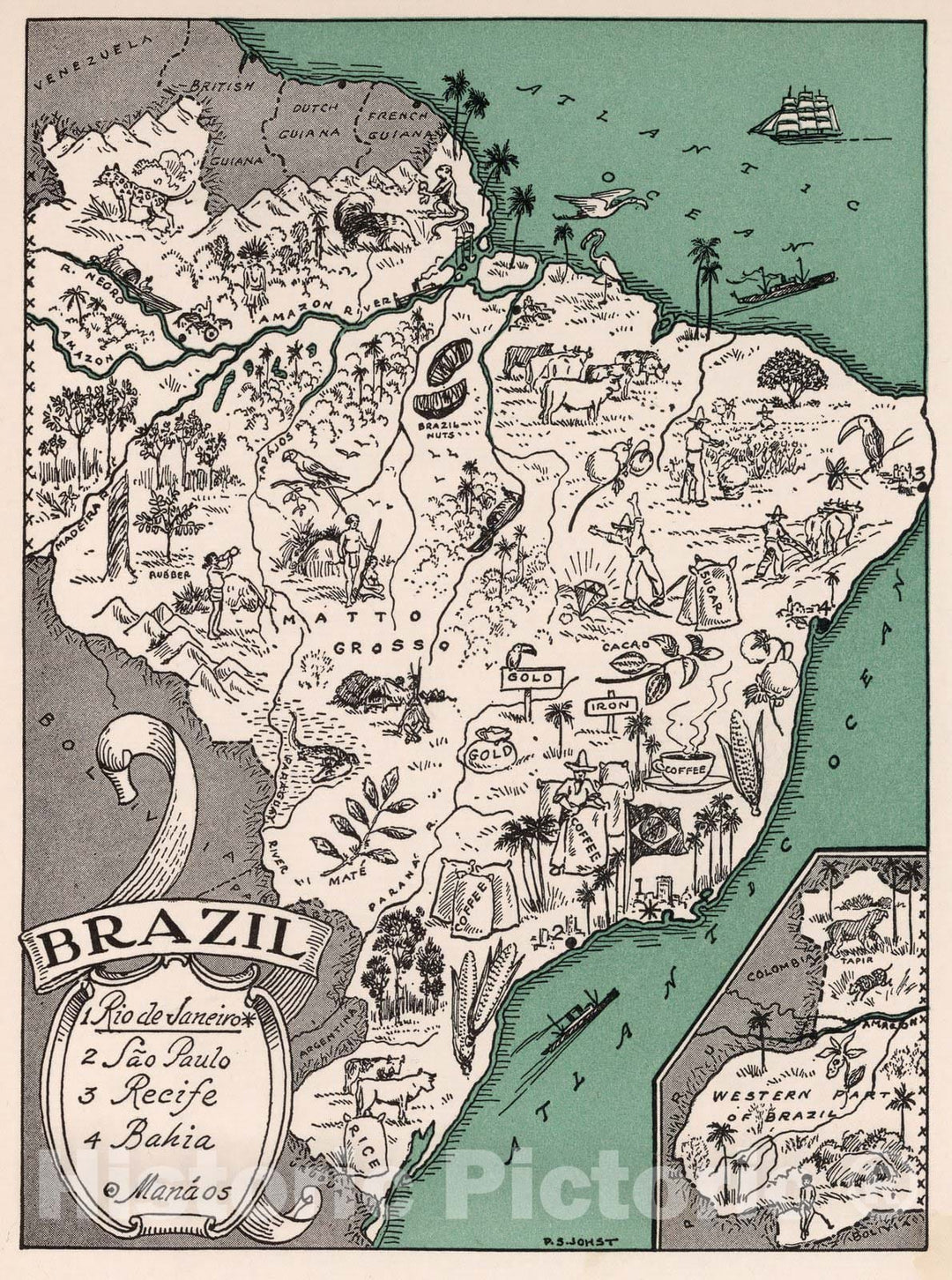 Historic Map : School Atlas Map, Brazil. 1941 - Vintage Wall Art