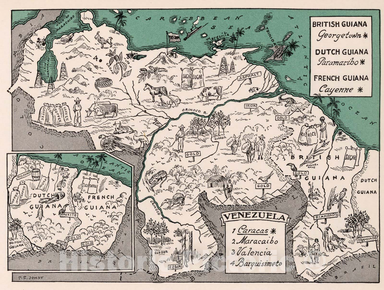 Historic Map : School Atlas Map, Venezuela. Dutch Guiana. French Guiana. 1941 - Vintage Wall Art