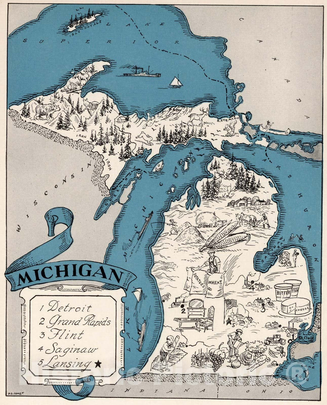 Historic Map : School Atlas Map, Michigan. 1931 - Vintage Wall Art