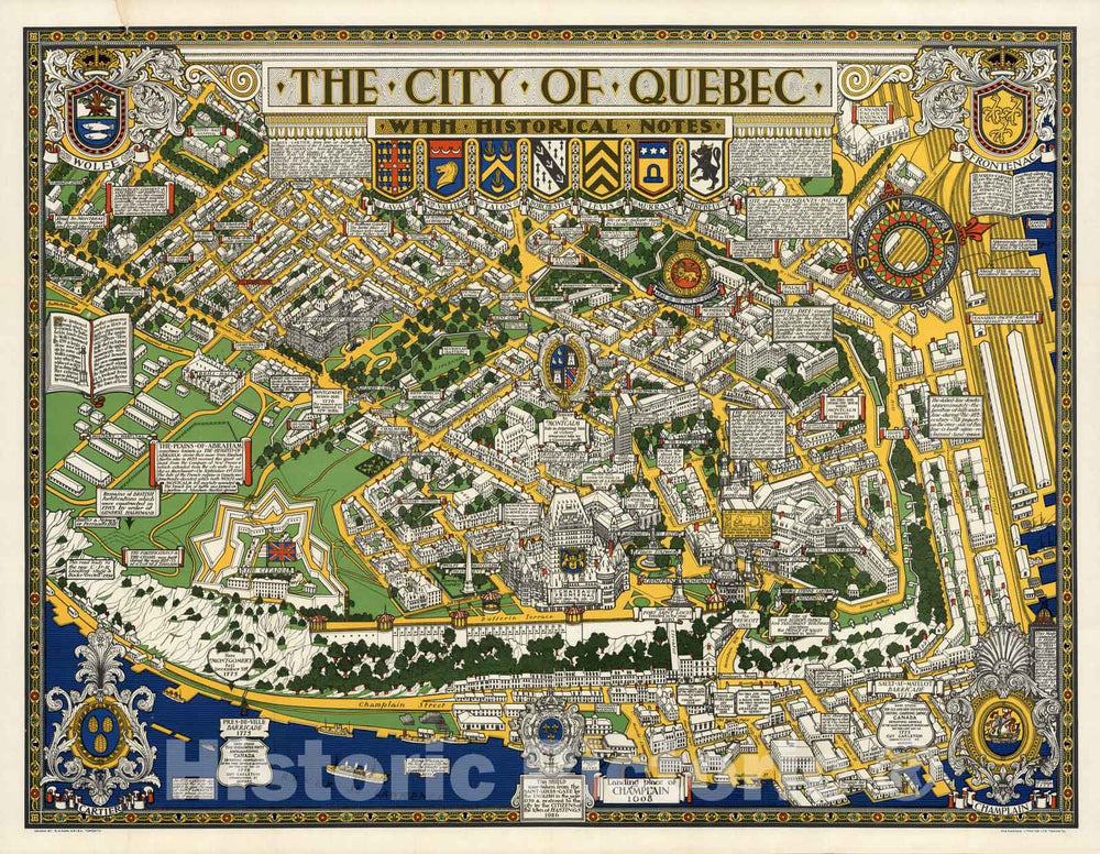 Historic Map - City of Quebec with Historical Notes. 1932 - Vintage Wall Art