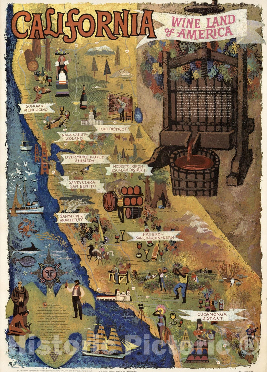 Historic Map : California, Wine Land of America. 1960 - Vintage Wall Art