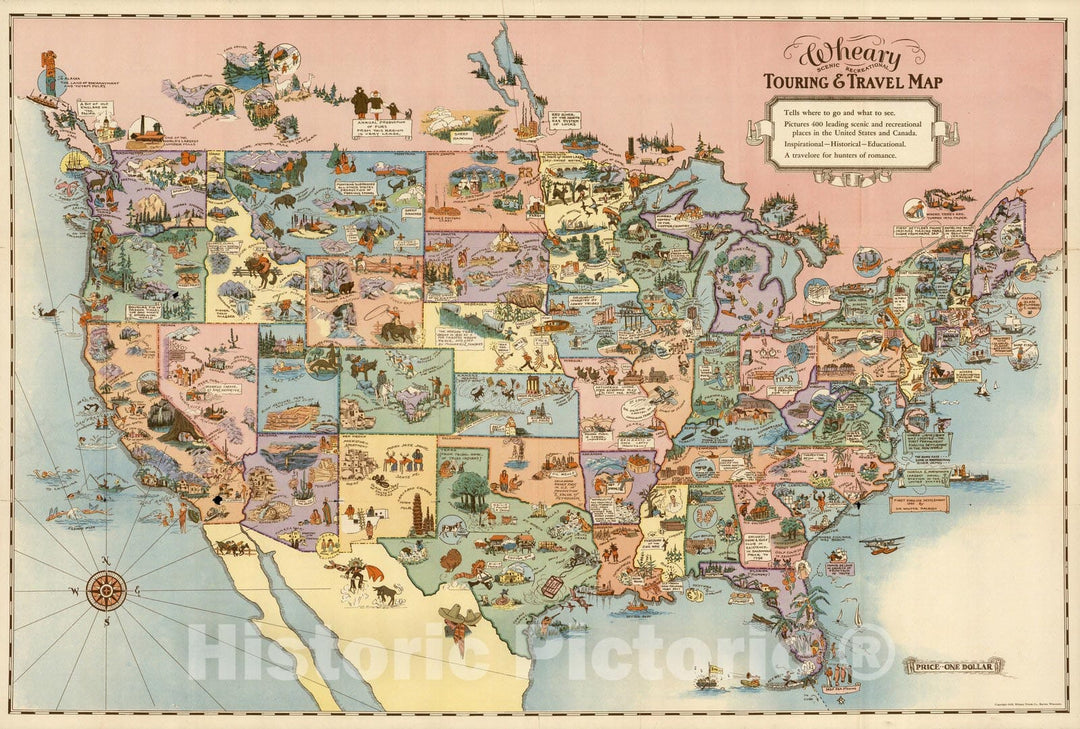 Historic Map : Wheary Scenic Recreational Touring & Travel Map, 1928 - Vintage Wall Art