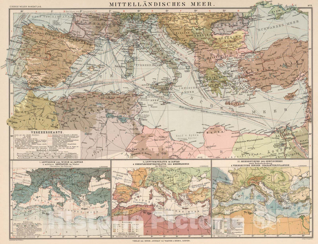 Historic Map : Mediterranean SeaNo. 11:Mittellandisches Meer 1899 , Vintage Wall Art