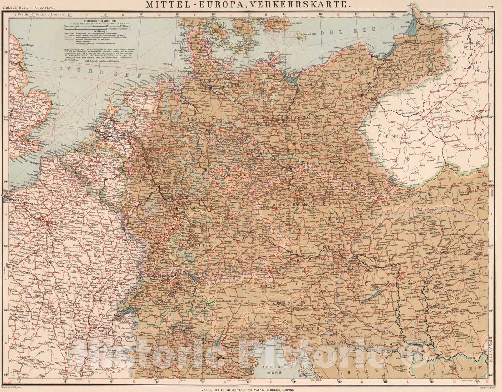 Historic Map : Europe, CentralNo.13: Mittel and Europa and Verkehrskarte 1899 , Vintage Wall Art