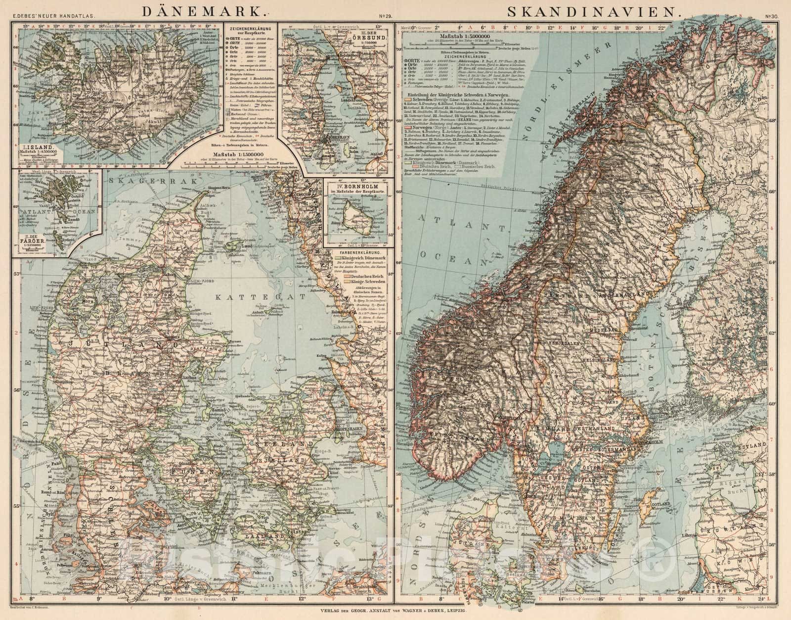 Historic Map : Denmark, ScandinaviaNo. 29-30: Danemark und Skandinavien 1899 , Vintage Wall Art