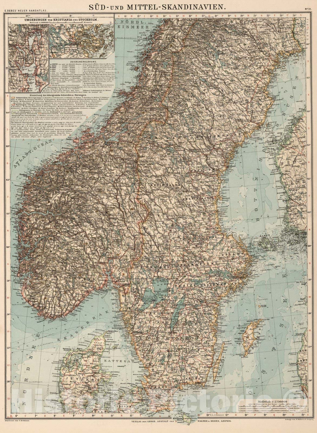 Historic Map : Sweden, ScandinaviaNo. 31: Sud - und Mittel - Skandinavien 1899 , Vintage Wall Art