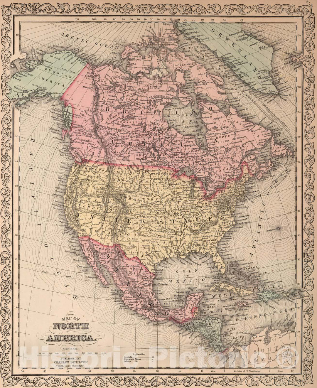 Historic Map - Map of North America. Published by Charles Desilver, 1859, - Vintage Wall Art