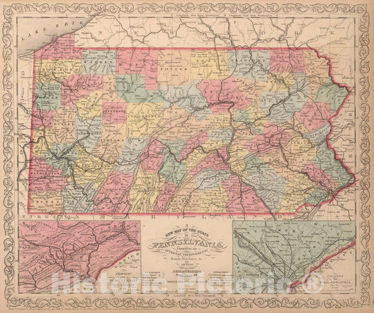 Historic Map : A New Map of the state of Pennsylvania : Published by Charles Desilver, 1859 - Vintage Wall Art