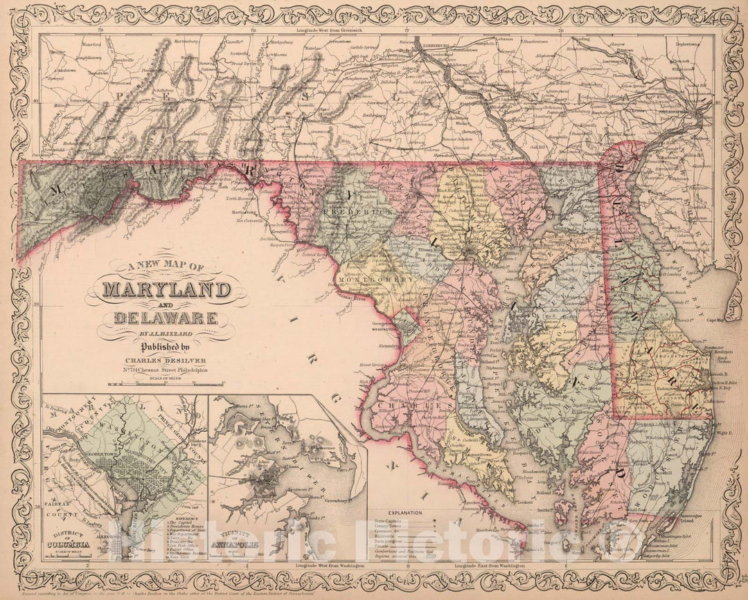 Historic Map : A New Map of Maryland and Delaware : Published by Charles Desilver, 1859 - Vintage Wall Art