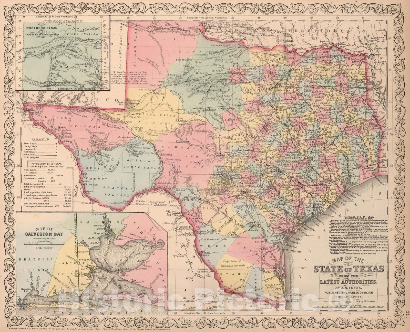 Historic Map : Map of The State of Texas : Published by Charles Desilver, 1859 - Vintage Wall Art