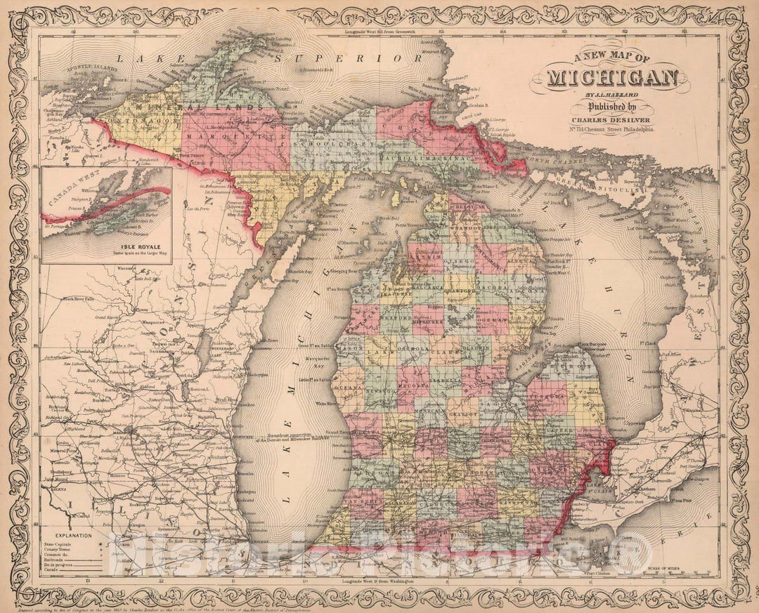 Historic Map : A New Map of Michigan : Published by Charles Desilver, 1859 - Vintage Wall Art