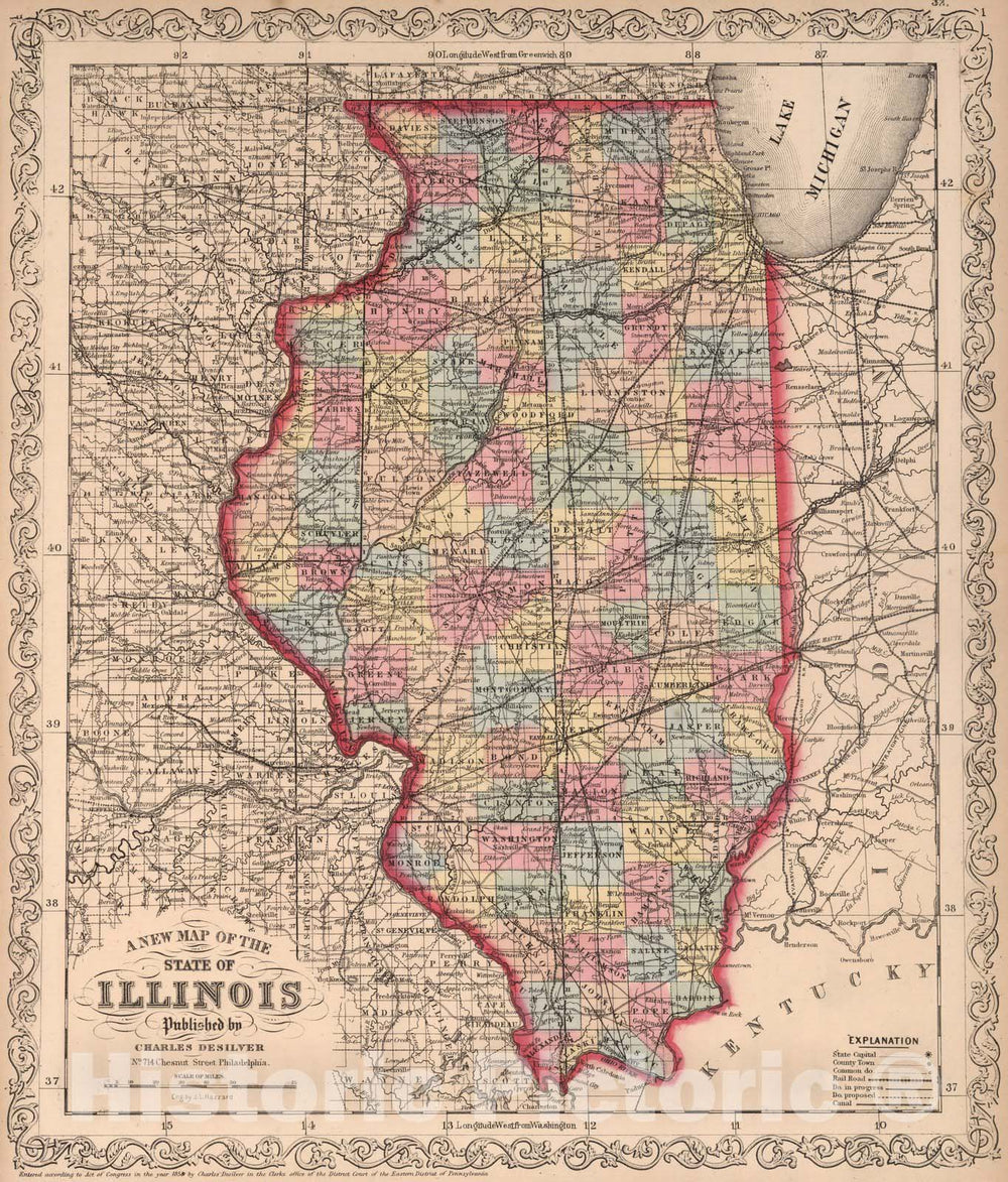 Historic Map - A New Map of the State of Illinois : Published by Charles Desilver, 1859 - Vintage Wall Art