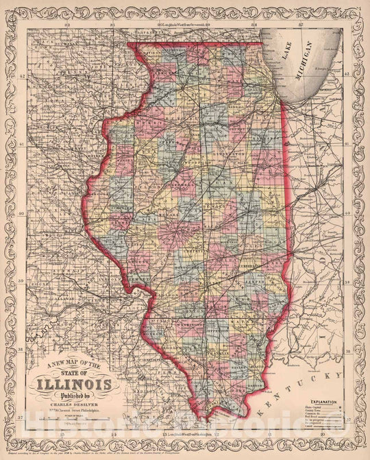 Historic Map - A New Map of the State of Illinois : Published by Charles Desilver, 1859 - Vintage Wall Art